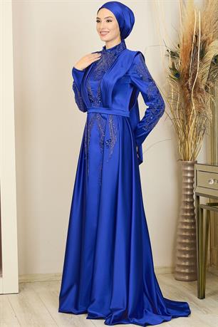 Önü Drapeli Kuyruklu Boncuk İşlemeli Miranda Tesettür Abiye Saks