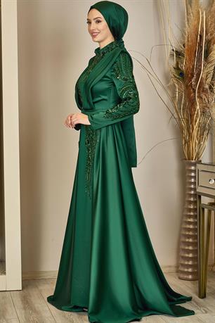 Önü Drapeli Kuyruklu Boncuk İşlemeli Miranda Tesettür Abiye Zümrüt