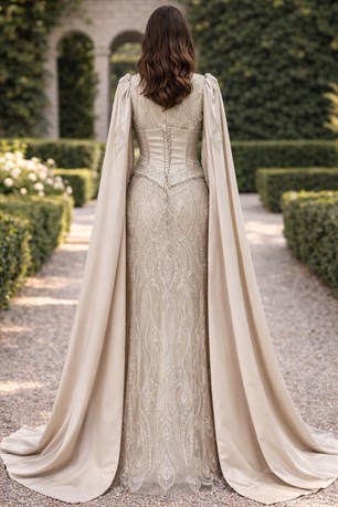 Pelerinli Korse Detaylı Efsun Tesettür Abiye Bej