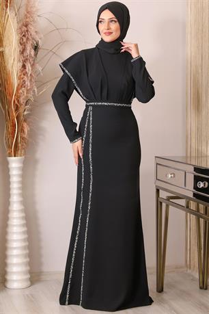 Peri Önü Taşlı Drapeli Tesettür Abiye Siyah