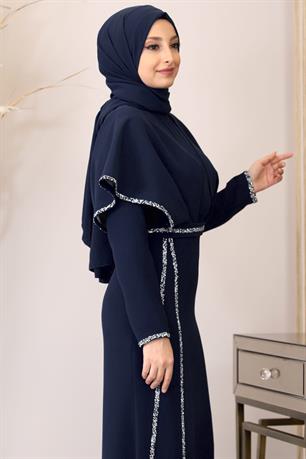 Peri Önü Taşlı Drapeli Tesettür Abiye Lacivert