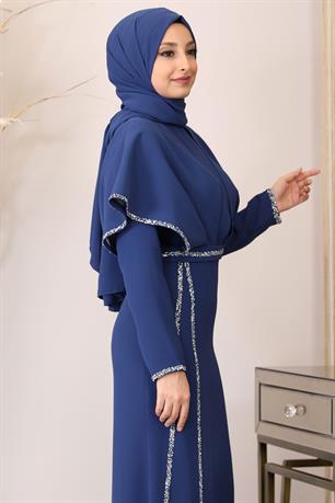 Peri Önü Taşlı Drapeli Tesettür Abiye Mavi