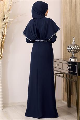 Peri Önü Taşlı Drapeli Tesettür Abiye Lacivert