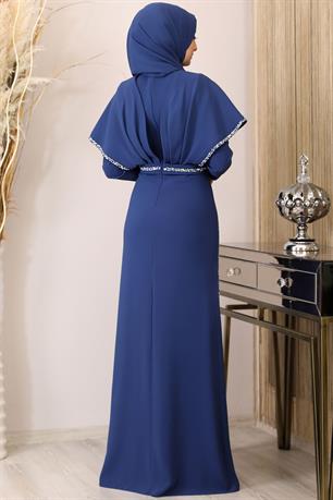 Peri Önü Taşlı Drapeli Tesettür Abiye Mavi