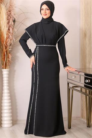 Peri Önü Taşlı Drapeli Tesettür Abiye Siyah