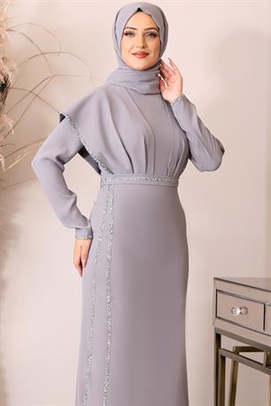 Peri Önü Taşlı Drapeli Tesettür Abiye Gri