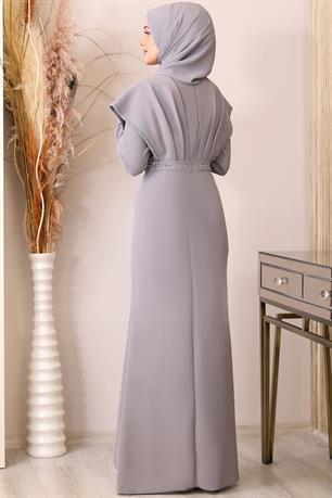 Peri Önü Taşlı Drapeli Tesettür Abiye Gri