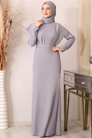 Peri Önü Taşlı Drapeli Tesettür Abiye Gri