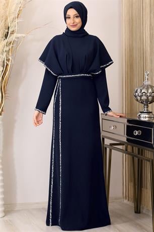 Peri Önü Taşlı Drapeli Tesettür Abiye Lacivert