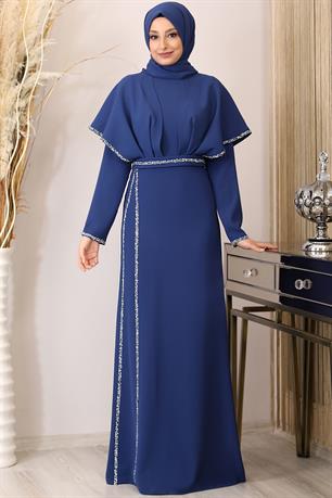 Peri Önü Taşlı Drapeli Tesettür Abiye Mavi