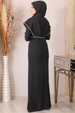 Peri Önü Taşlı Drapeli Tesettür Abiye Siyah