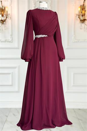 Peri Tesettür Abiye Bordo