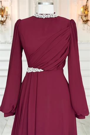 Peri Tesettür Abiye Bordo