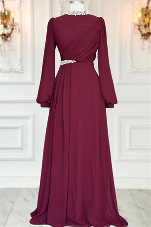 Peri Tesettür Abiye Bordo