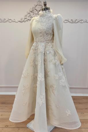 Piliseli Fiona Tesettür Abiye Krem