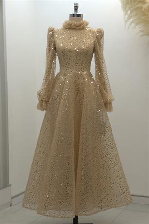 Pullu Kabarık Tesettür Abiye Gold