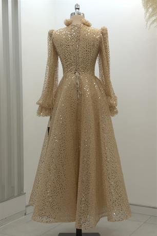 Pullu Kabarık Tesettür Abiye Gold