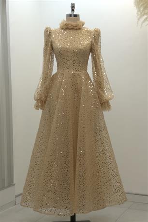 Pullu Kabarık Tesettür Abiye Gold