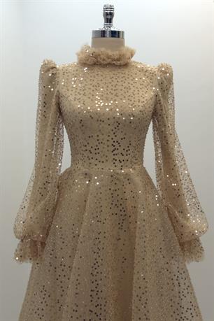 Pullu Kabarık Tesettür Abiye Gold