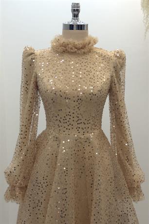 Pullu Kabarık Tesettür Abiye Gold