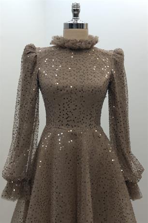 Pullu Kabarık Tesettür Abiye Kahve