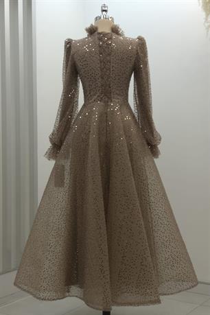 Pullu Kabarık Tesettür Abiye Kahve