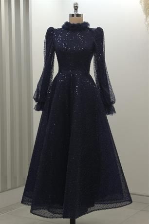 Pullu Kabarık Tesettür Abiye Lacivert