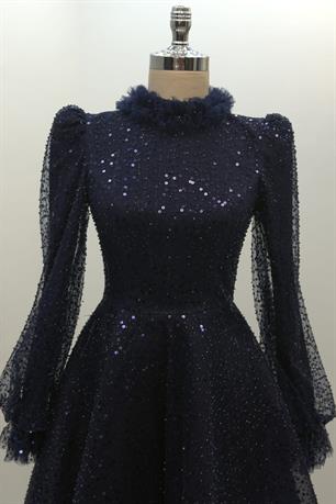 Pullu Kabarık Tesettür Abiye Lacivert