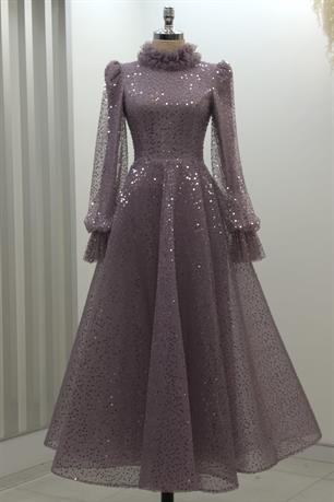 Pullu Kabarık Tesettür Abiye Lila