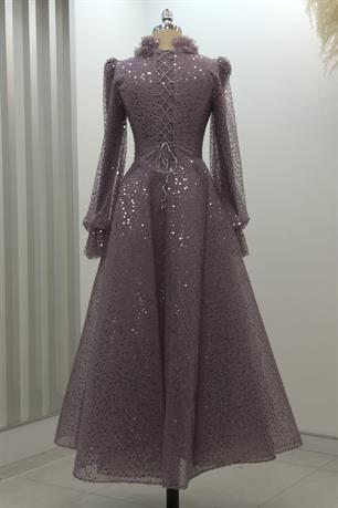 Pullu Kabarık Tesettür Abiye Lila