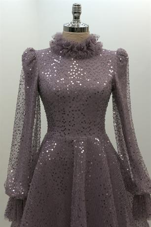 Pullu Kabarık Tesettür Abiye Lila