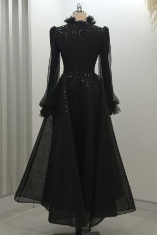 Pullu Kabarık Tesettür Abiye Siyah