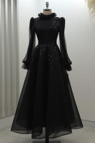 Pullu Kabarık Tesettür Abiye Siyah