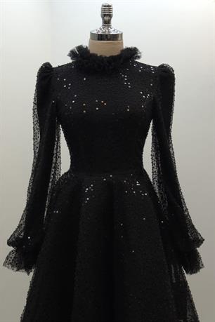 Pullu Kabarık Tesettür Abiye Siyah