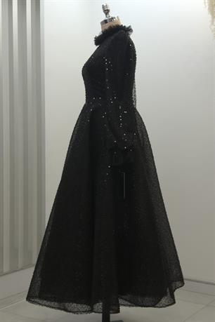 Pullu Kabarık Tesettür Abiye Siyah