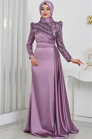 Rosa Tesettür Abiye Lila
