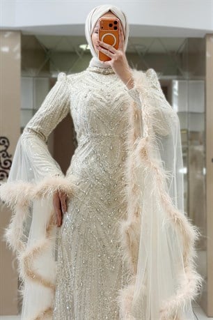 Sarah Tesettür Abiye Bej