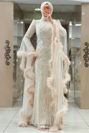 Sarah Tesettür Abiye Bej