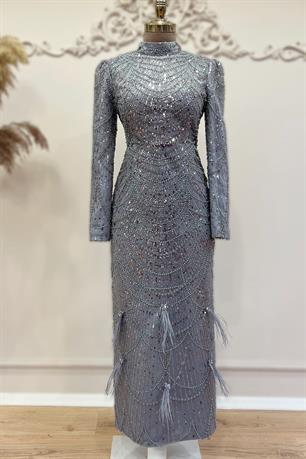 Selena Tesettür Abiye Gri