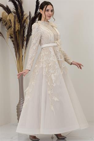 Simge Tesettür Abiye Krem