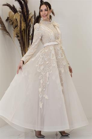 Simge Tesettür Abiye Krem