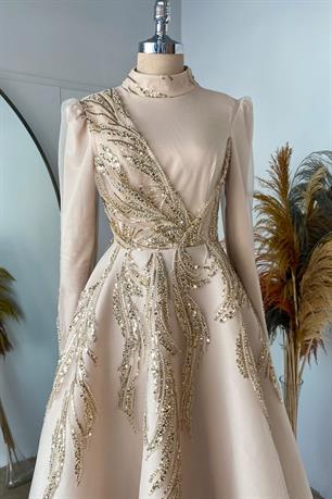 Sude Kabarık Tesettür Abiye Gold