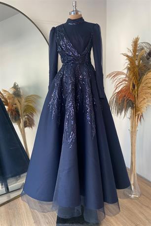 Sude Kabarık Tesettür Abiye Lacivert