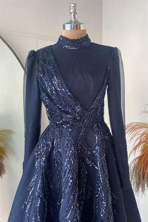 Sude Kabarık Tesettür Abiye Lacivert