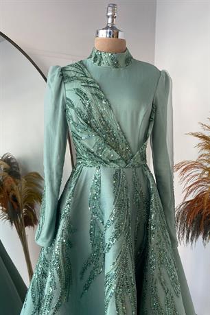 Sude Kabarık Tesettür Abiye Mint