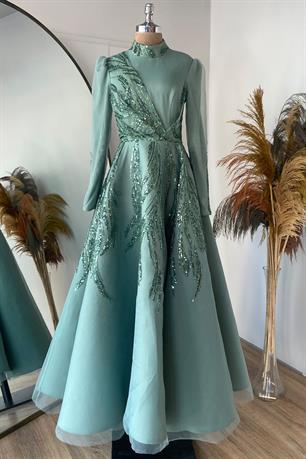 Sude Kabarık Tesettür Abiye Mint