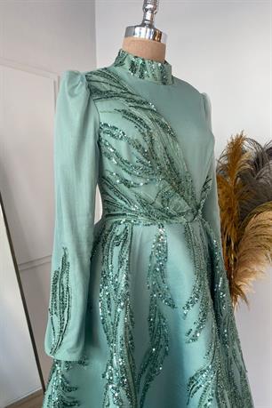 Sude Kabarık Tesettür Abiye Mint