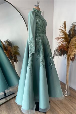 Sude Kabarık Tesettür Abiye Mint