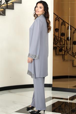 Umay Şifon Tunik Pantolon İkili Tesettür Takım Gri
