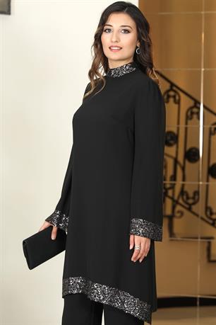 Umay Şifon Tunik Pantolon İkili Tesettür Takım Siyah